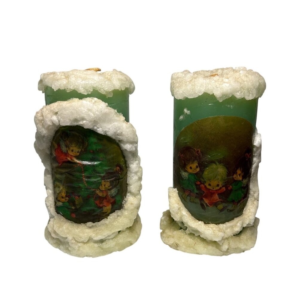 Christmas Pilar Candles Green Angels Pixie Puffy Snow Design Set of 2 Retro 6"
